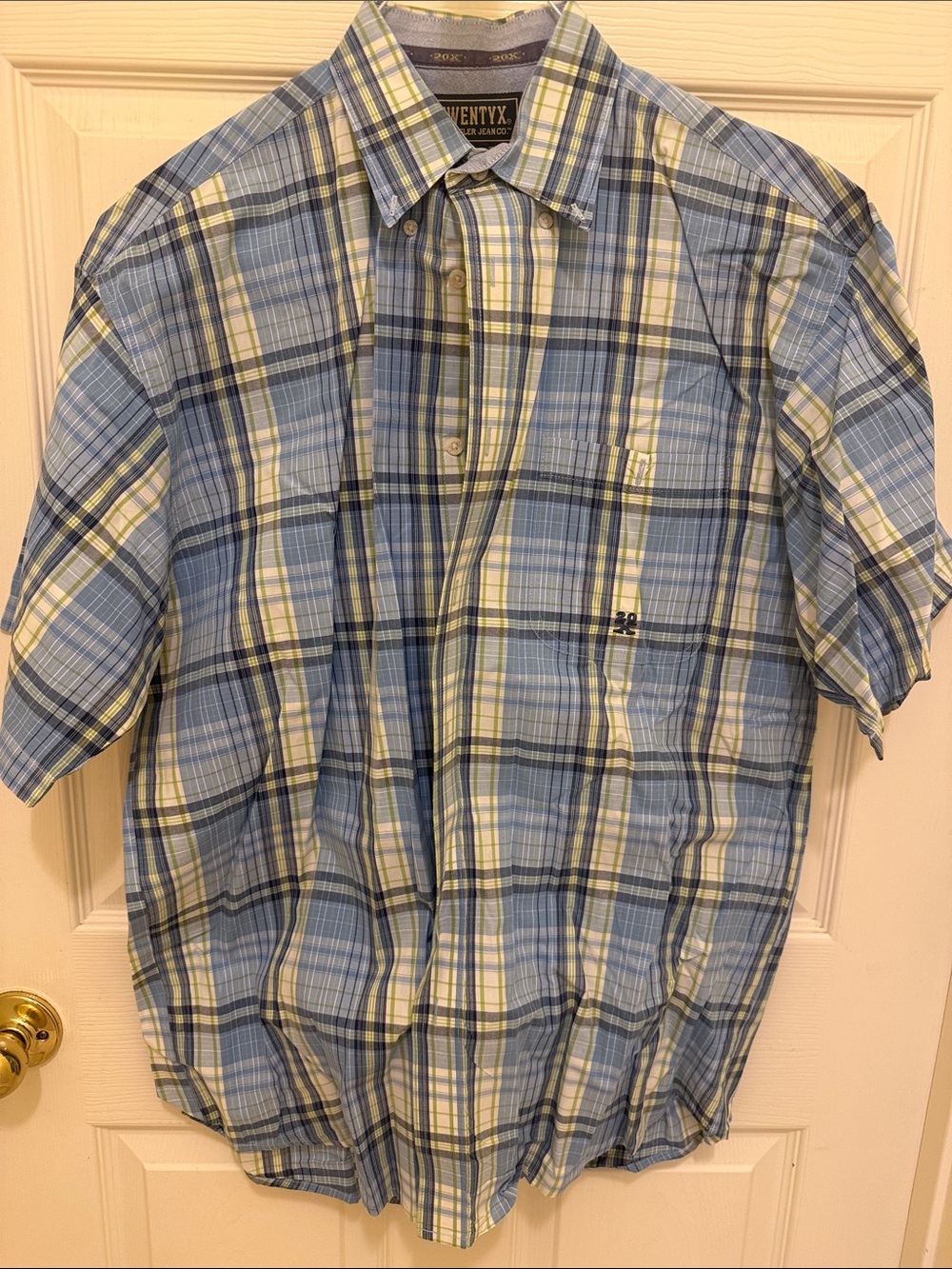 Aventyk Men’s Short-Sleeve Plaid Button-Down Shirt — Blue & Cream